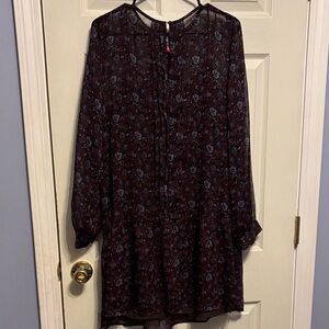 Purple Maroon Floral Pleated Drop Waist Flounce Dress